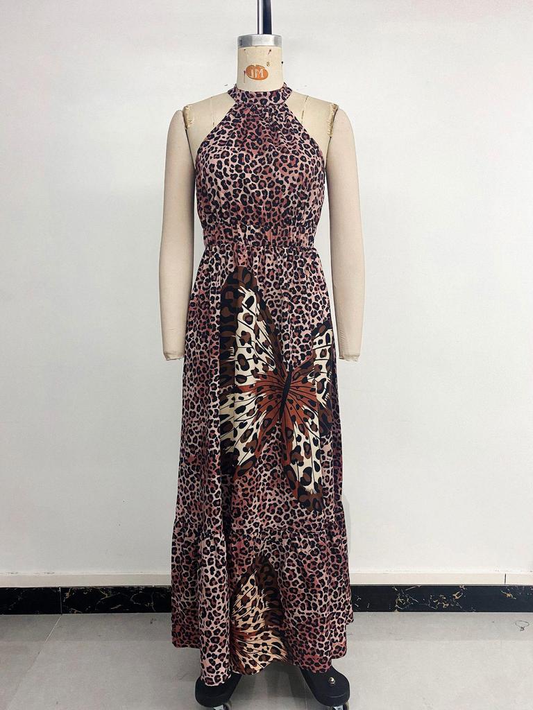 2025 European/American Halter Neck Sleeveless Leopard Butterfly Patchwork Beach Dress