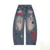 Jean en Denim Déchiré Streetwear Hommes Femmes avec Patch Étoile Impression Lettres Coupe Droite Taille Basse Jambe Large