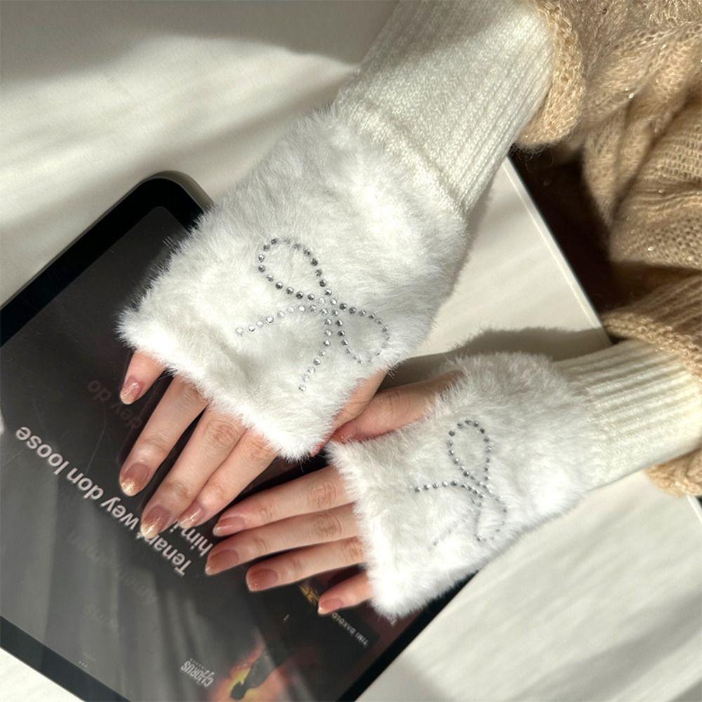 Plush Knitted Gloves Solid Color Half Finger Mittens Cute Bow Gloves  Girl