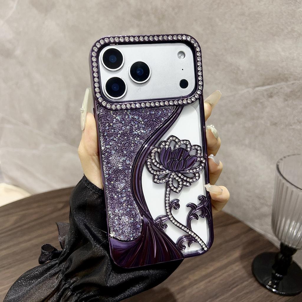 Applicable to iPhone17Pro mobile phone case hollow lotus diamond Apple 16 light luxury flash diamond anti-drop TPU protective case