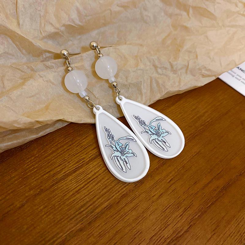 

Elegant Chinese Resin Flower Silver Drop Earrings for Women - Hanfu Style