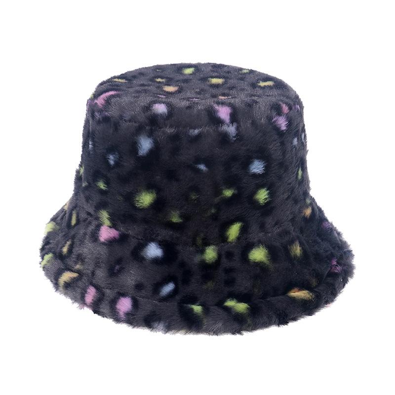 2025 autumn and winter bucket hat foreign trade imitation rabbit fluffy hat trend shows small face color leopard print warm basin hat female