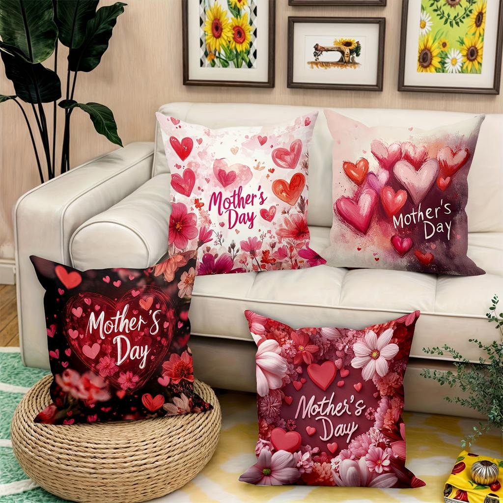 4pcs Happy Mother's Day Decorative Pillowcase Set, 18x18 Inch Floral Cushion Covers for Sweet Home Decor, Gift for Mom, for Porch Patio Sofa