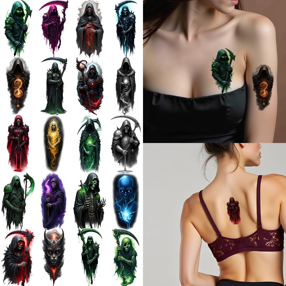 12pcs Temporary Tattoo Ghostly Figure Colorful Realism Wraith Gothic Warrior Waterproof Long-lasting Body Stickers For Adults