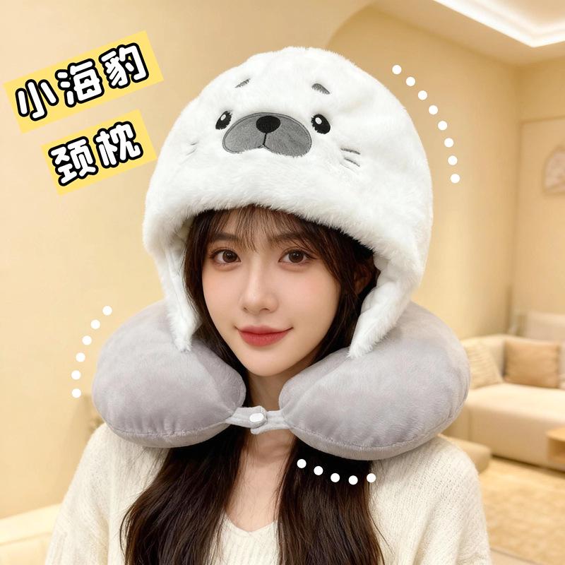Cartoon Plush Winter Hat & Pillow Combo: Cute Seal Design with Ear Protection Seal Hooded Neck Pillow