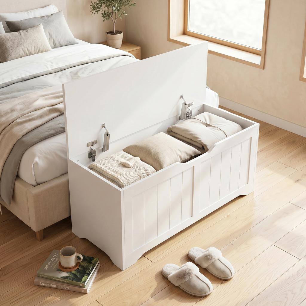 Storage Chest, 136 L, Bench, 2 Safety Hinges, Handle-Free, 100 x 40 x 45 cm, White