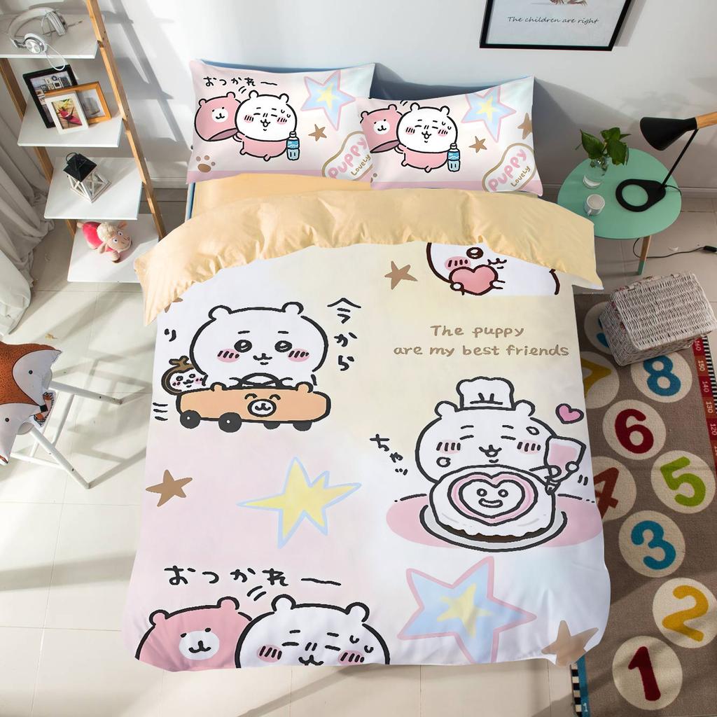 Cartoon Chiikawas Cute Themed Bedding Set Colorful Print Polyester Student Dormitory Bed Sheet Quilt Cover Kid Gift Home Textile