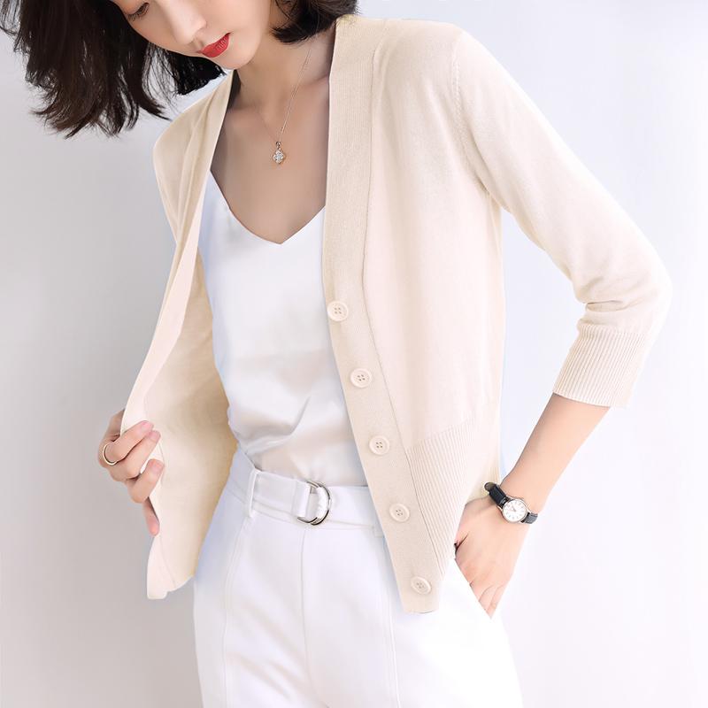 Summer V-neck Ice Silk Knitted Cardigan Shirt Women's Thin Outer Short Coat Long Sleeve Casual Simple Jackets Ladies Solid Color Clothes 3091