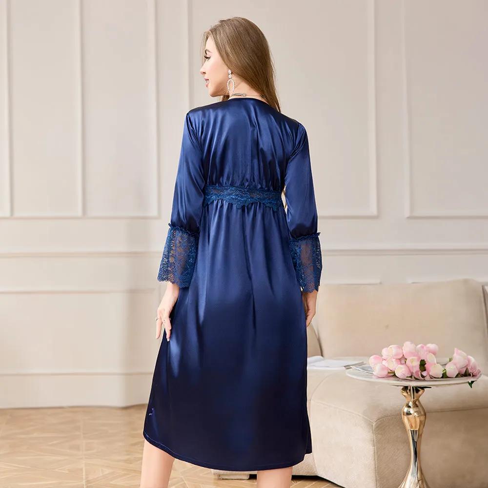 Female Long Sleepdress Nightgown Silky Satin Home Clothing Nightdress Elegant French Court Style Nightwear Loose Lounge Wear