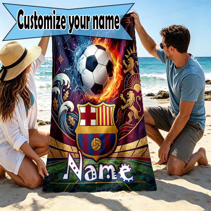 Serviette de Plage Personnalisée avec Nom Club de Football Barcelone, pour Voyage Camping Fête à la Plage Décoration Intérieure, Cadeau d'Anniversaire pour la Famille et les Amis