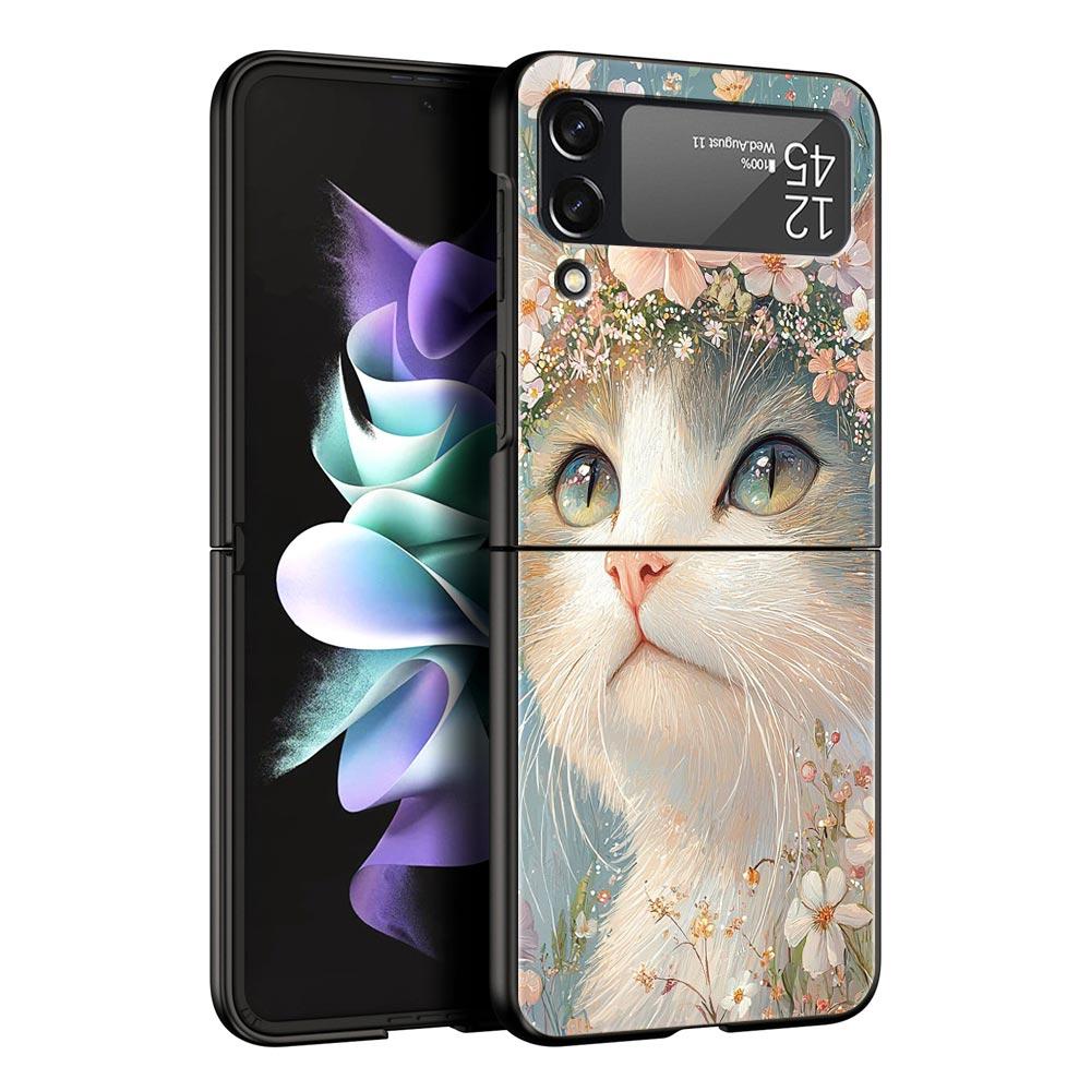 Cute Cat Hard PC Phone Case For Samsung Galaxy Z Flip 7 6 5 4 Black Cover For Galaxy Z Flip 3 Foldable Fundas Shell Capas Bags