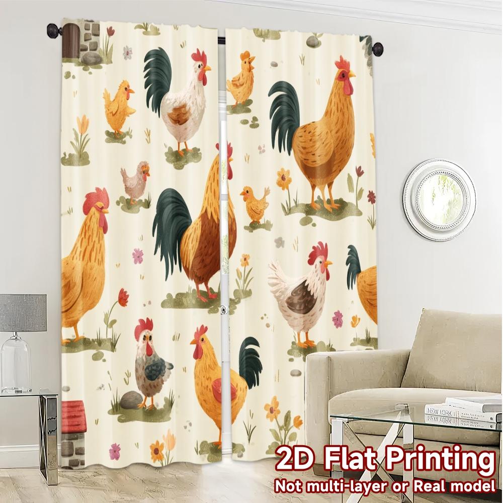 Set Of 2 Flat Printing Curtains Without Rod Rooster Meadow Chic Fabric Curtain Light Filtering Polyester Machine Washable
