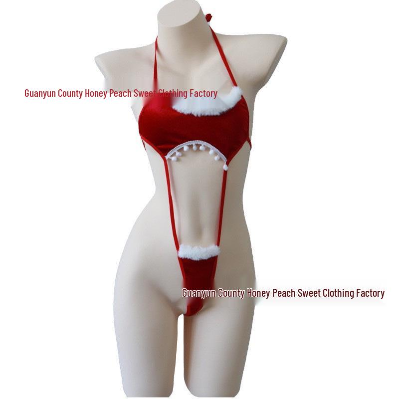 Red Plush Lace-Up Christmas & New Year's Sexy Halter Bodysuit