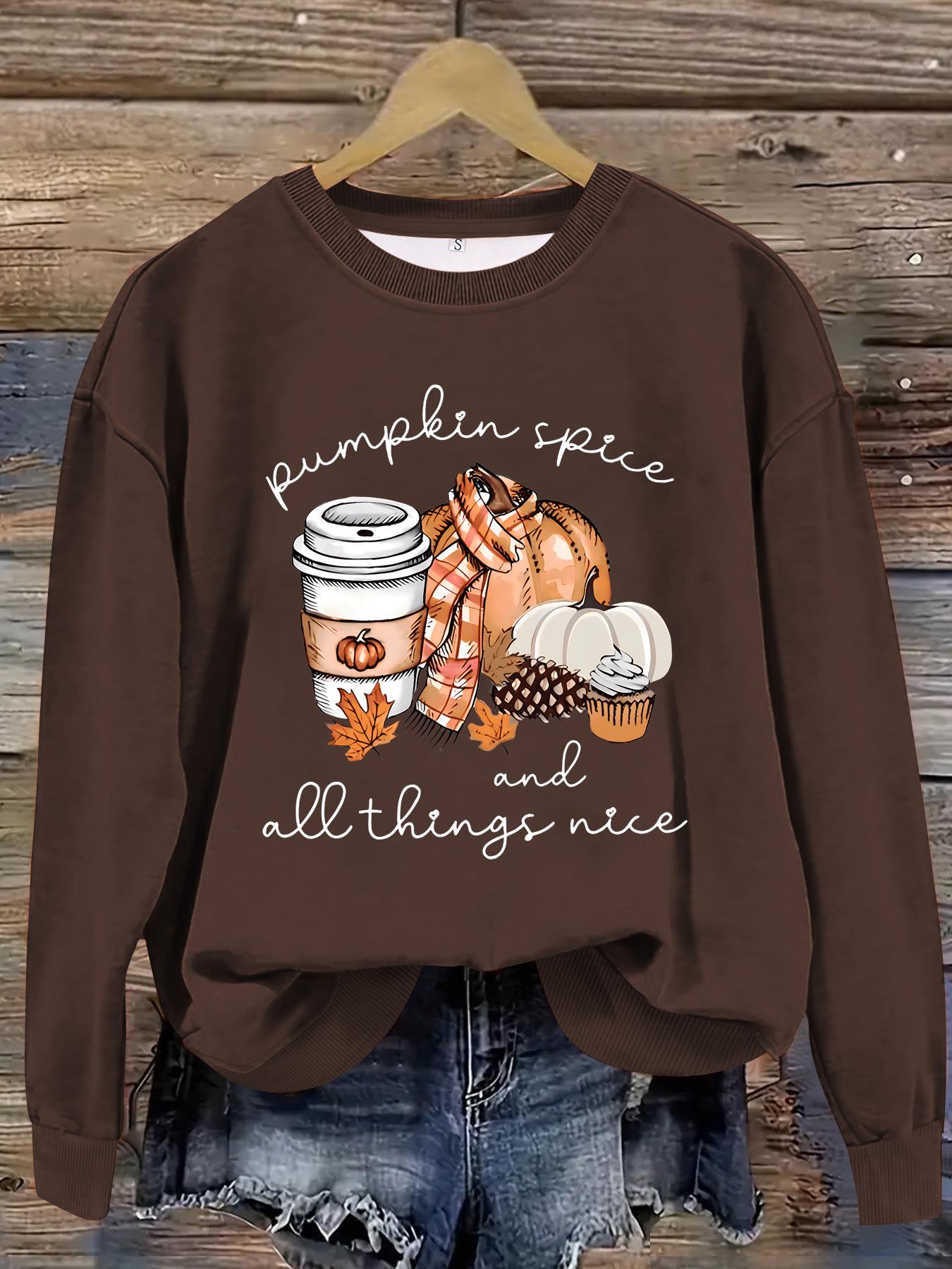 

Pumpkin Spice Print Sweatshirt - Round Neck Casual Top S кофейный