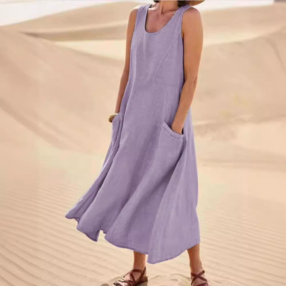 Summer European And American Pocket Sleeveless Round Neck Ladies Cotton And Linen Dress