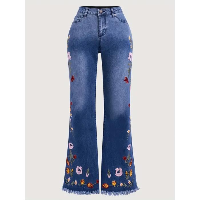 Retro Dark Blue Embroidered Flared Jeans for Women - Mid-High Waist Bell Bottoms for All Seasons