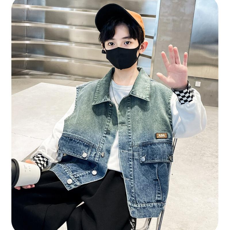 Children's Spring and Autumn Boys Style Big Children's Denim Vest Spring Casual Pocket Little Boy Waistcoat Vest Outer Wear