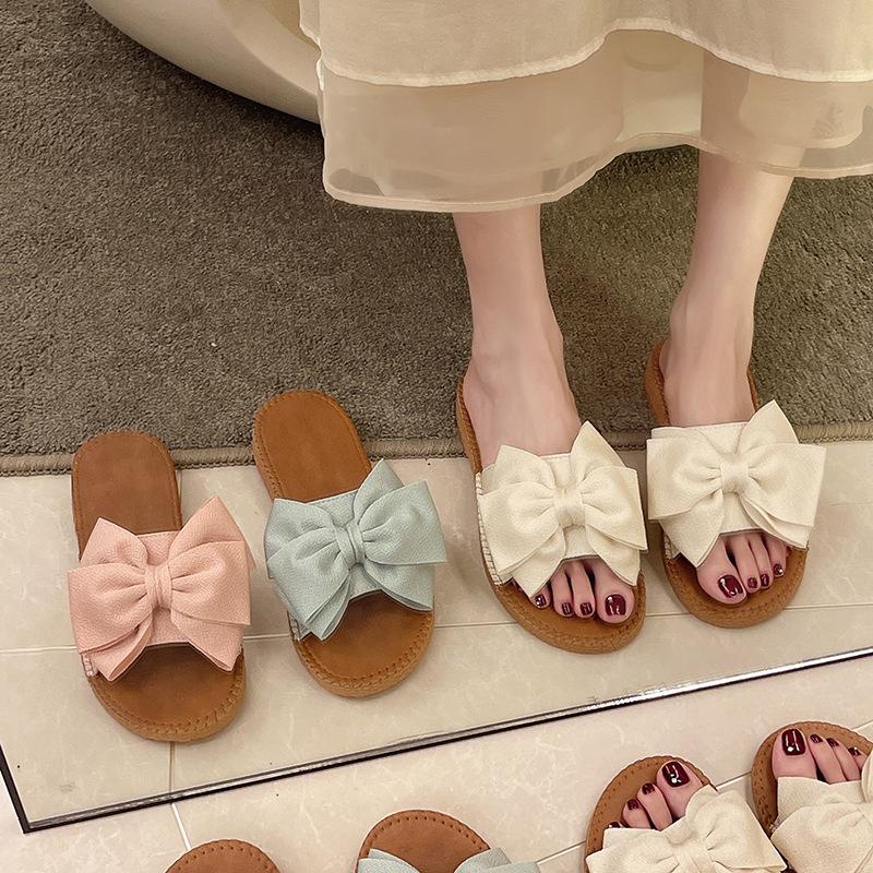 Cloth Slippers Women's Summer New Soft Bottom Bow Flat Heel One Word Sandals Fashion Wear Sweet Sandals Explosion