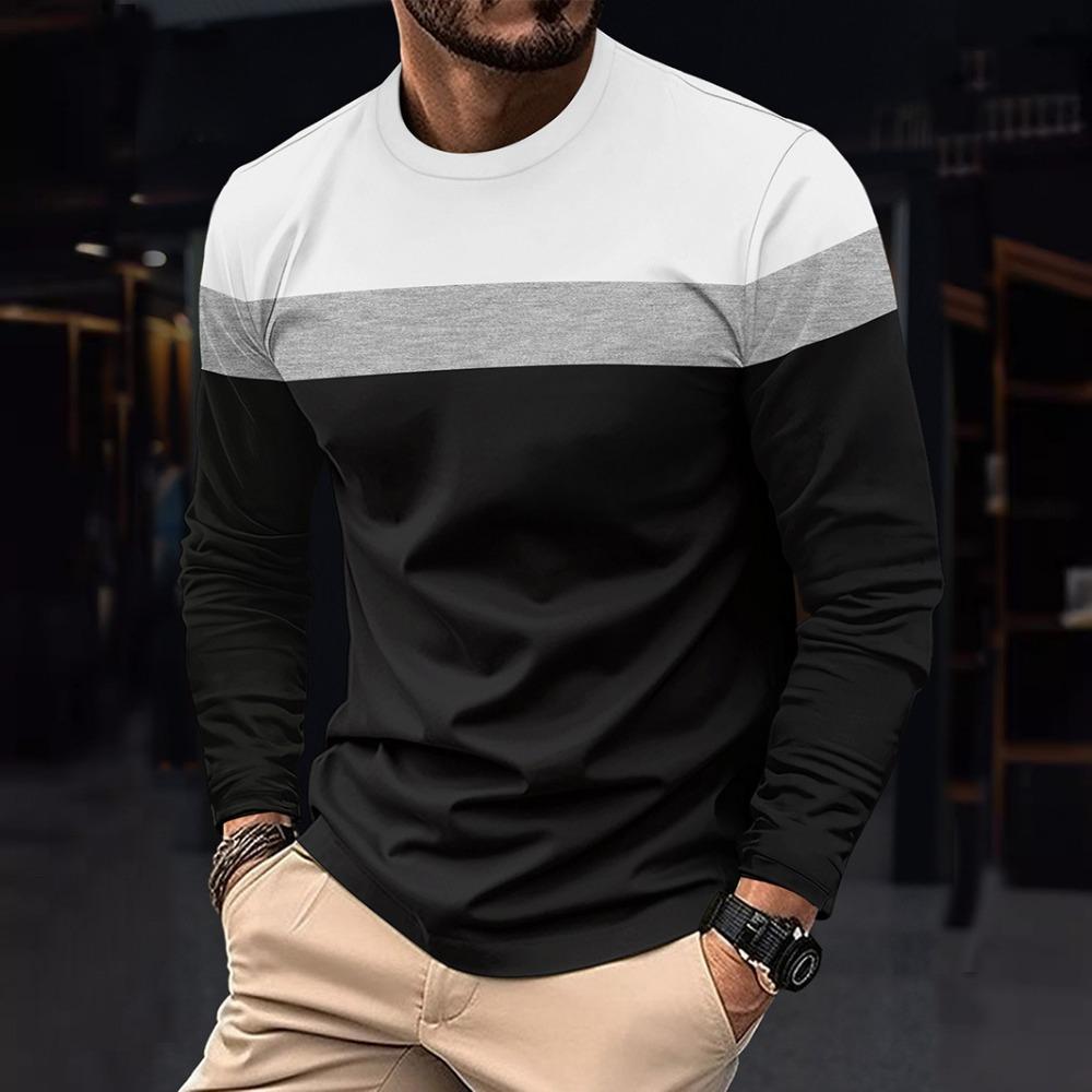 Men's Round Neck Long Sleeve Color-blocking Bottoming Shirt Pull-out Thin Long Sleeve T-shirt