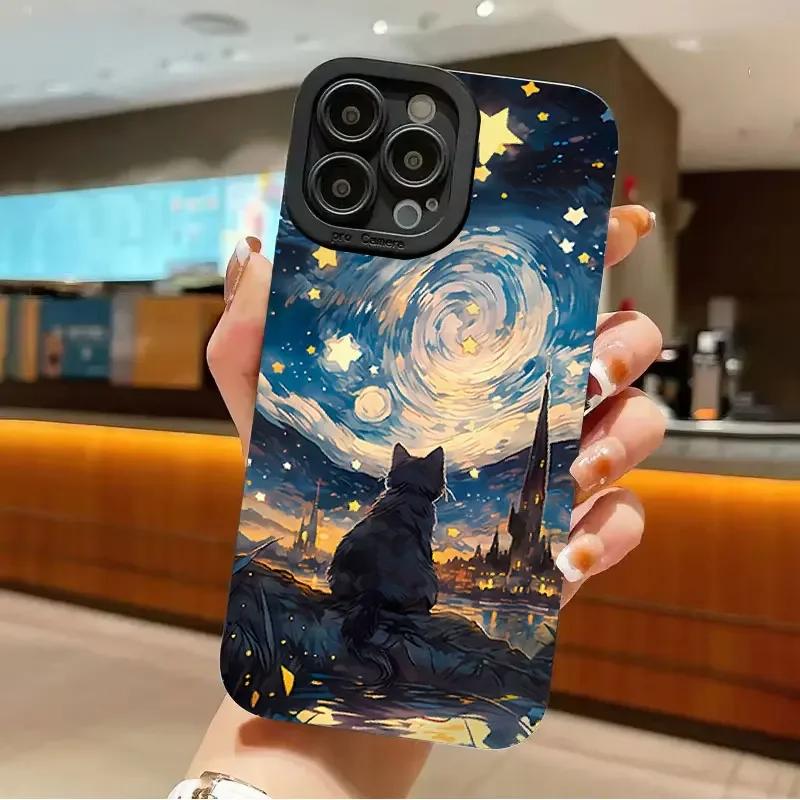 Starry Sky Cat Pattern Phone Case For iPhone 16 15 14 13 12 11 Pro Max XS X Plus SE 2022 2020 Shockproof Soft Silicone Cover