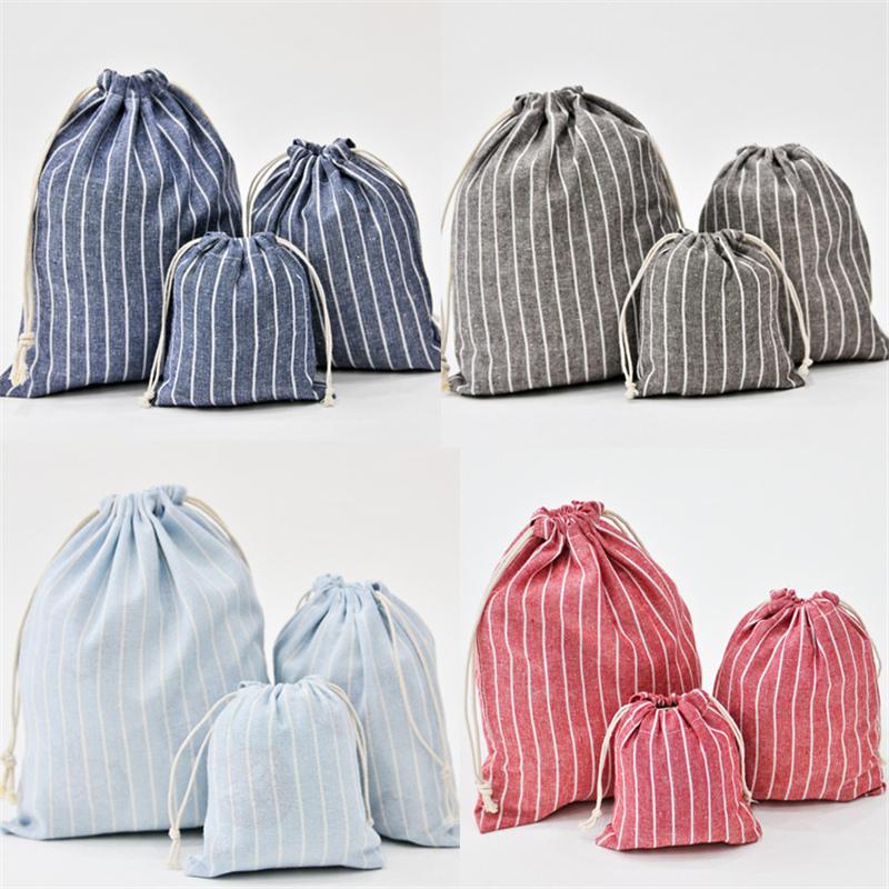 

3Pcs/Set Drawstring Storage Bags Stripe Pattern Cotton Linen Pouches Travel Organizer Coffee