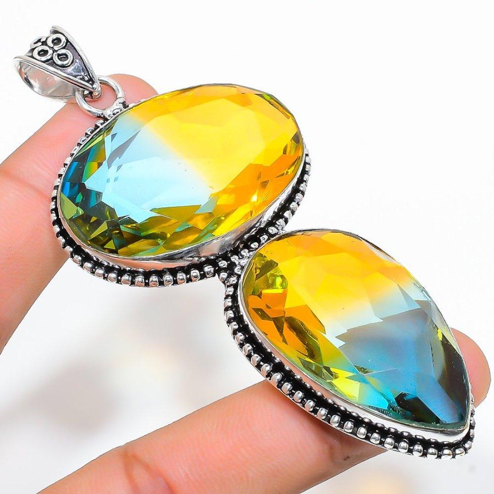 Natural Bi-Color Tourmaline Handmade 925 Sterling Silver Pendant 3.66" e2K73
