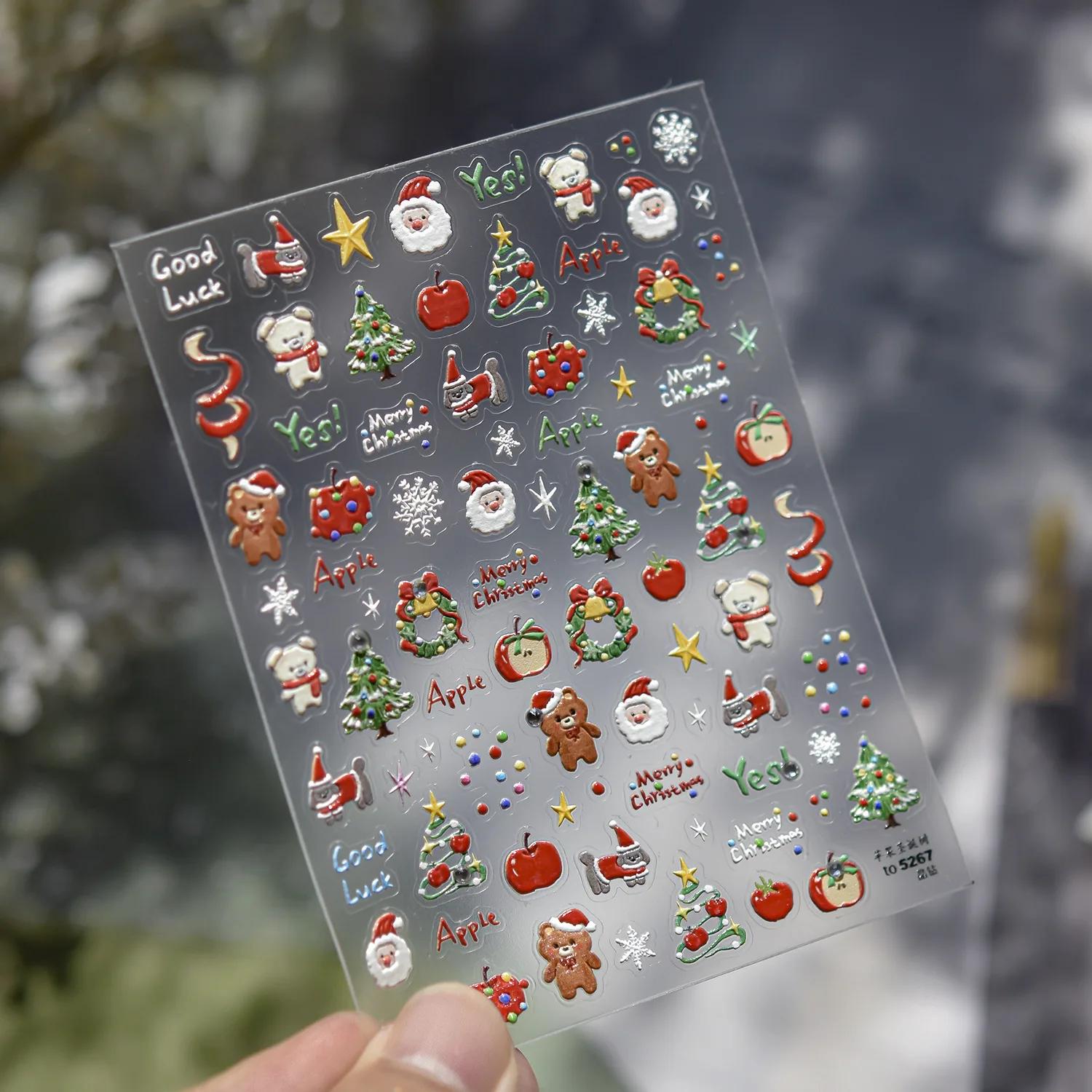 

Christmas Nail Stickers Luxury Crystal Diamond Cartoon Bear Tree Apple Back Glue Nail Art Stickers DIY New 3D Nails Decorations