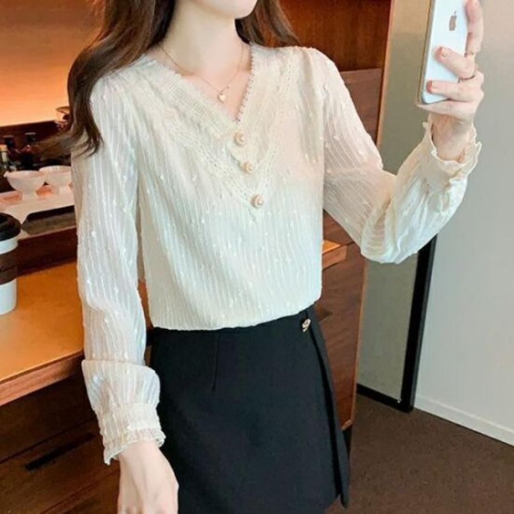 NaVaVa Women LoVely Pearl Lace V Neck Long sleeVe Blouse Nb3004