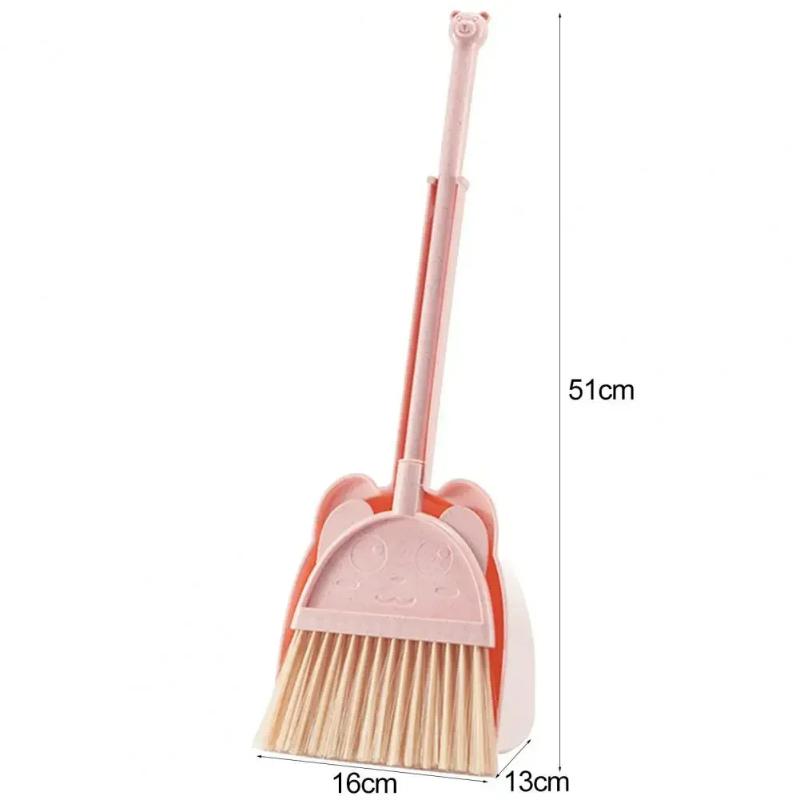 Mini Children Broom and Dustpan Cartoon Cat Flexible Bristles Kids Pretend Play Toddlers Indoor Outdoor Floor Sweeping Tool Set