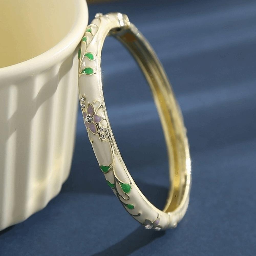 Gold Plated Enamel Bangle Bracelet Retro Light Luxury Flower Enamel Bangle Traditional Chinese