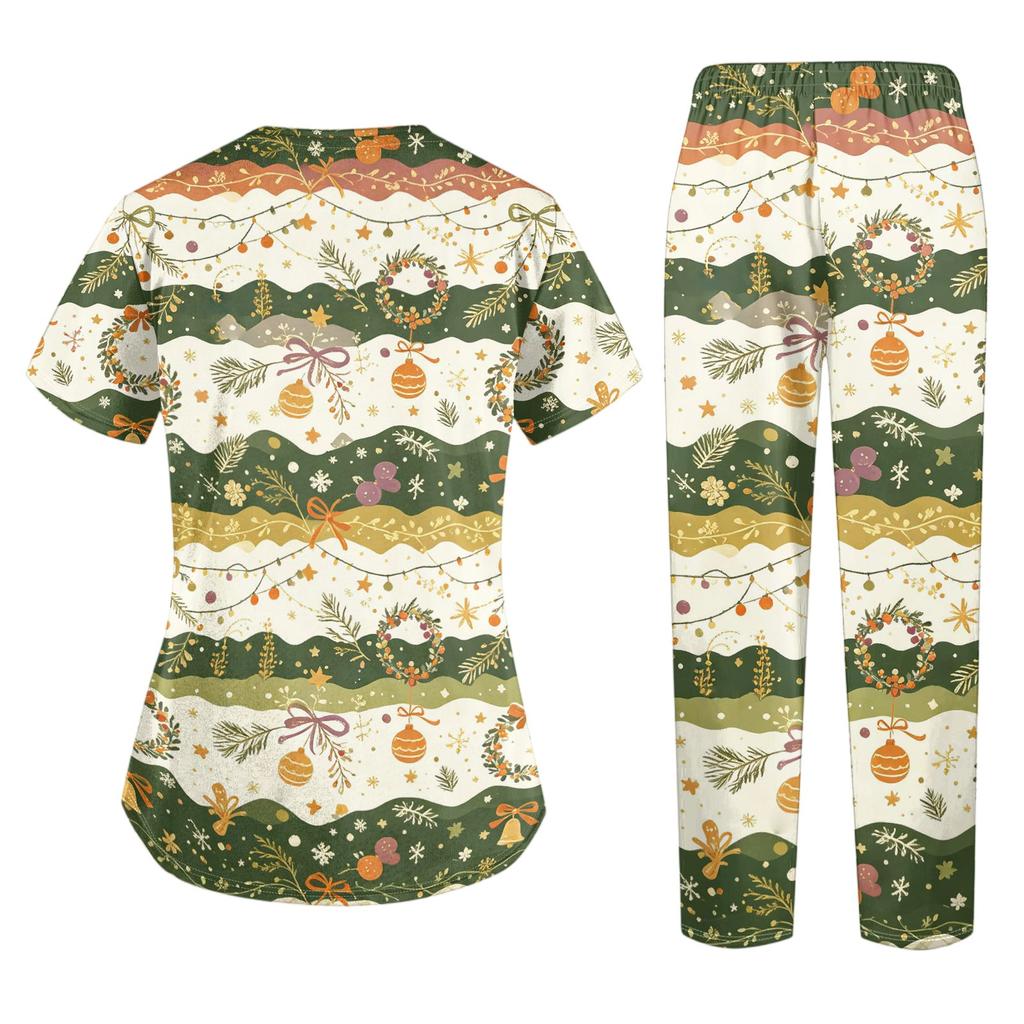 Women's V-Neck Short Sleeve Scrub Top and Pants 2-Piece Set Christmas Print Uniform for Caregiver with Pockets