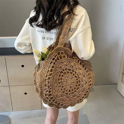 Paper Rope Straw Bag Hand-woven Bag Large Capacity Flower Tote Bag Women's Seaside Vacation Shoulder Beach Bag