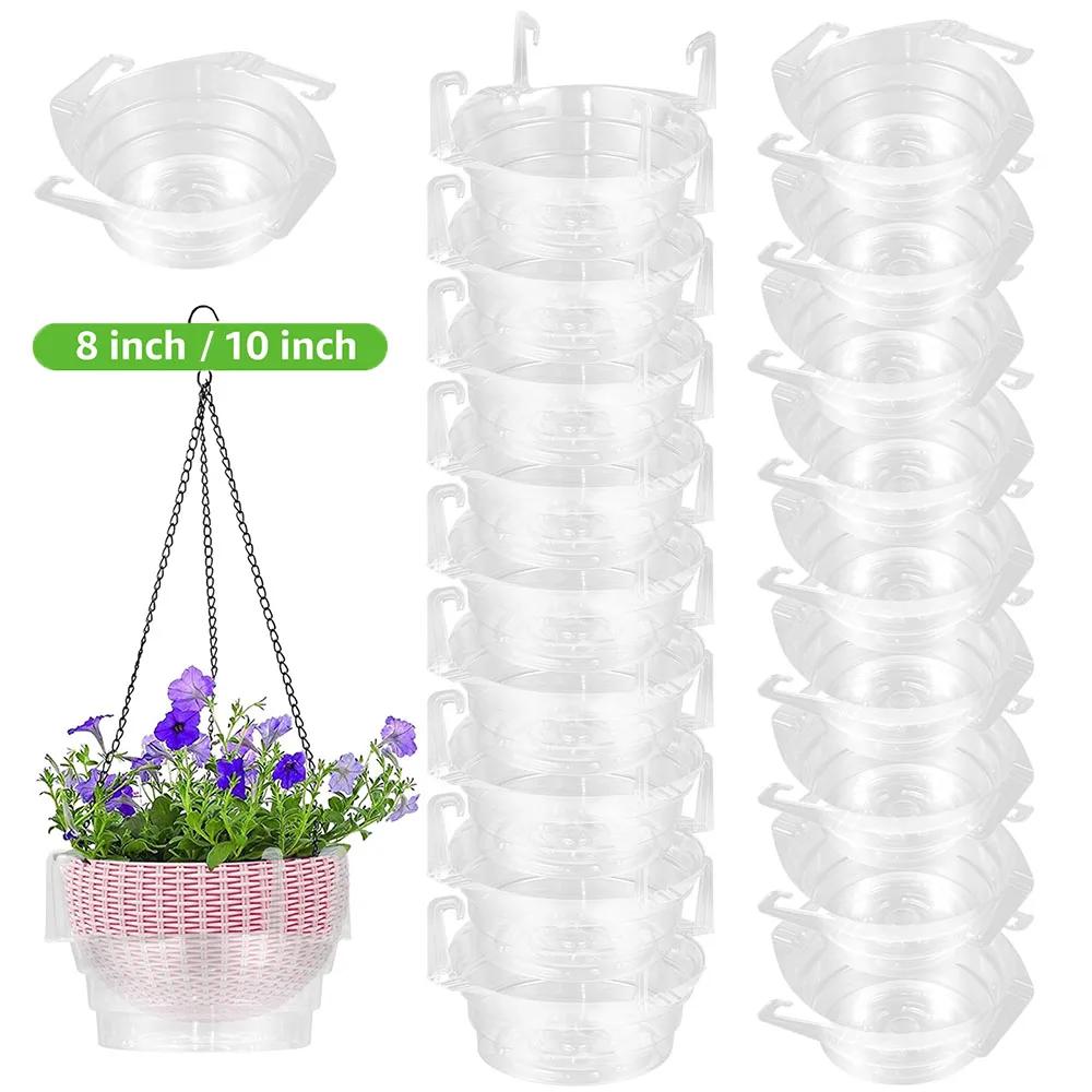 20Pcs Hanging Basket Planter Drip Trays 8/10Inch Clear Plastic Flower Pot Drip Pan with Hook Round Hanging Plant Tray for Garden