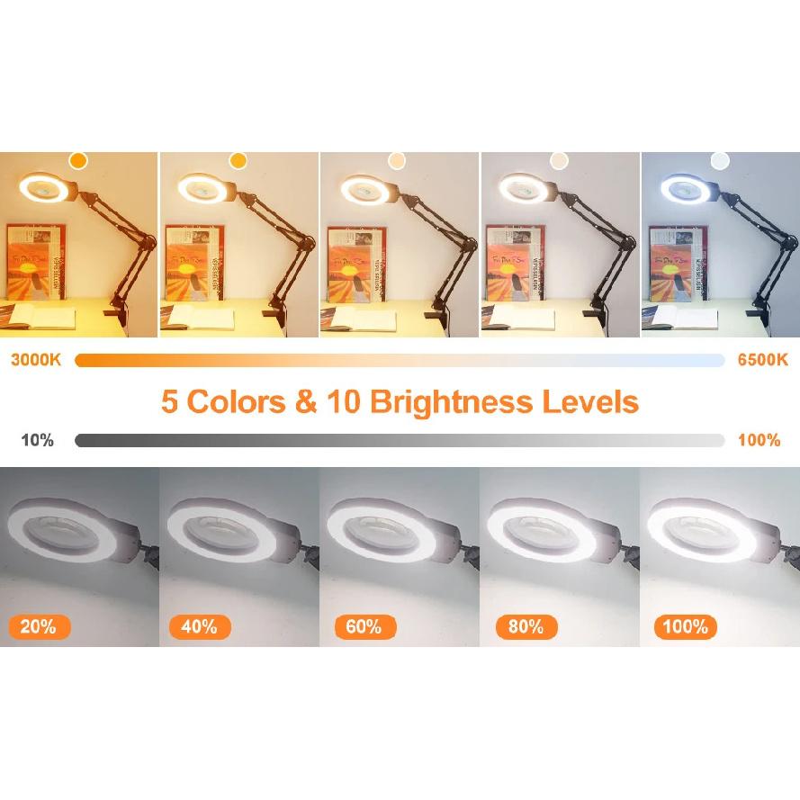 Long Swing Arms 5X/10X Magnifying Glass Lamp with 5 Color Adjust LED Lights Reading Table Lamp for Welding Repair Close Work