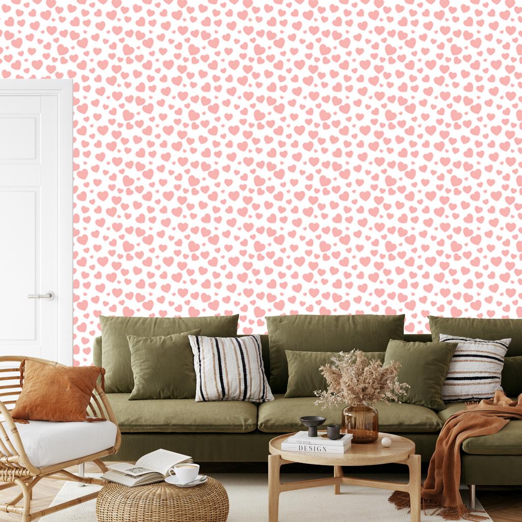 Hearts Wallpaper White and Coral 50x1000