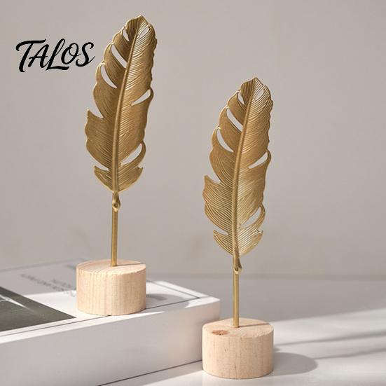 Talos Metal Leaf Ornaments, Gold Palm Leaf, Ginkgo Feather Statue with Wood Base, Modern Desktop Sculpture for Living Room, Bookshelf, Office