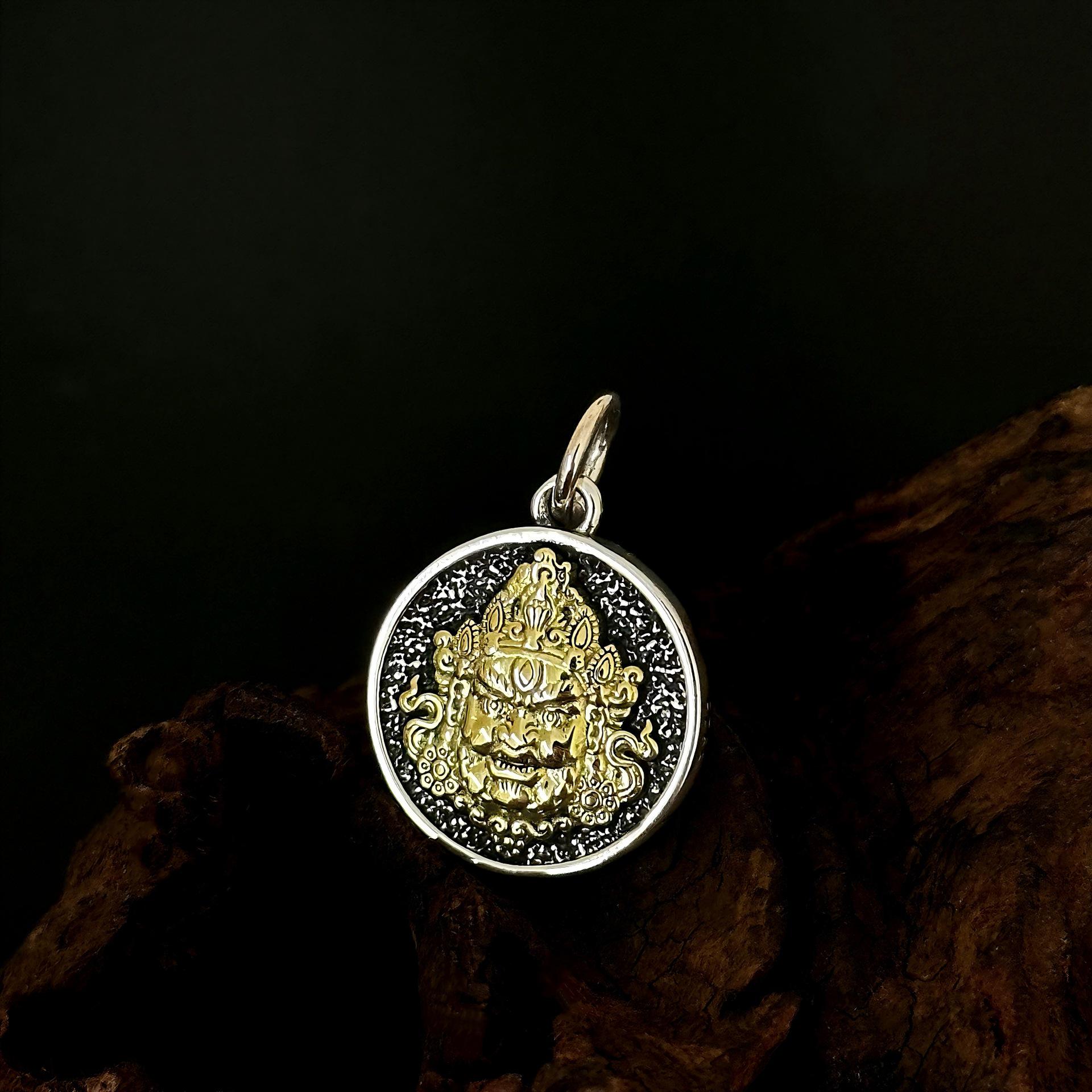 

Retro Yellow God of Wealth Pendant Necklace: Double-Sided S925 Sterling Silver Tibetan Vajra Design for Men and Women 925 Silver