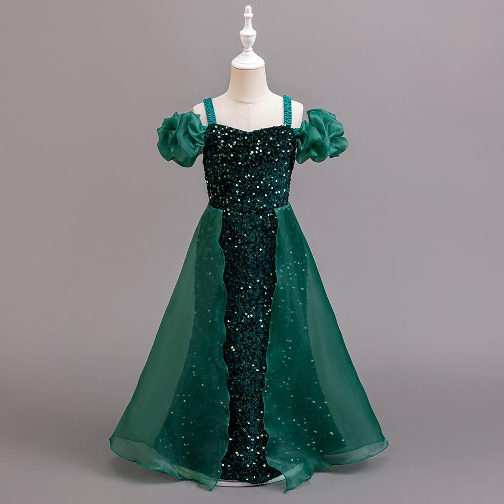 

Летнее платье для девочки, платье для девочки-цветочницы на свадьбу, платья с пайетками, детские платья принцессы, сетчатые платья, детская одежда, длинный абзац 160cm зелёный