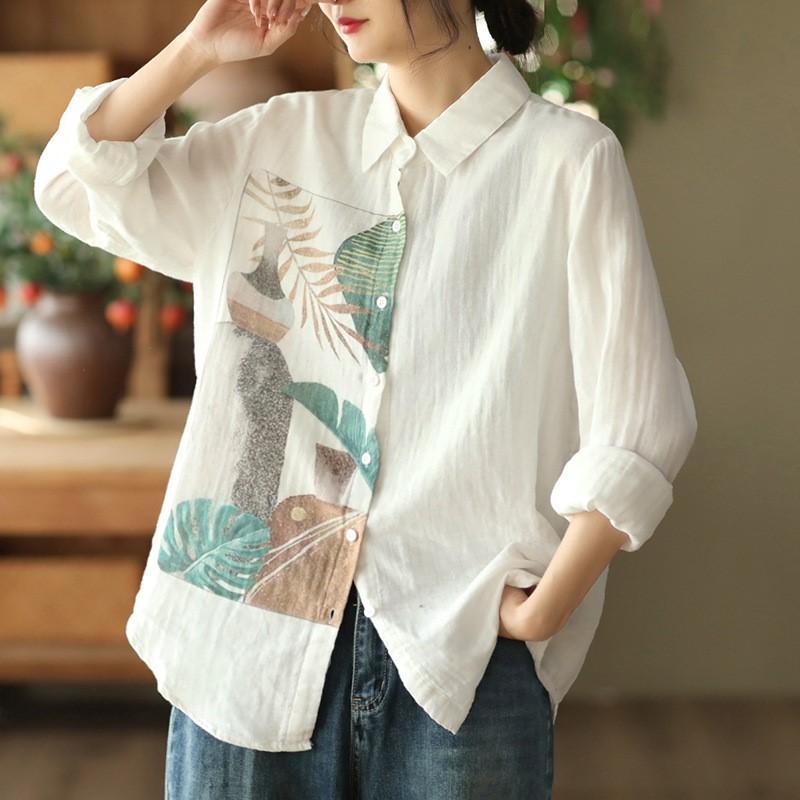 Johnature Women Vintage Cotton Shirts Tops Turn-down Collar Long Sleeve Button Blouses Autumn White Shirts
