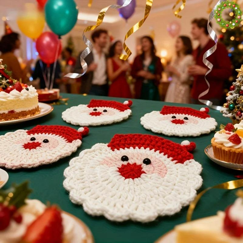 Handmade Crochet Santa Claus Coasters Set Of 4, Durable Fabric Drink Coasters Trays, Festive Table Decor,Unique Christmas Gift