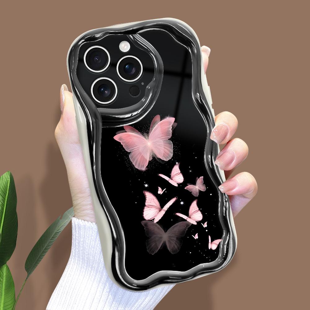 For iPhone 16 15 14 Samsung S25 S24 S23 A06 A13 A14 A15 A16 A55 Redmi 14C 13C Note 14 13 12 Cream Texture Wavy Edge Pink Butterfly Phone Case