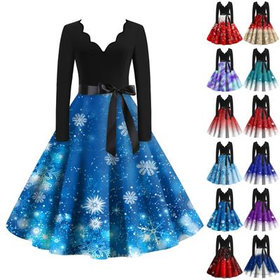 Women's Fashion V-Neck Casual Slim Christmas Printed Long Sleeve Dresses