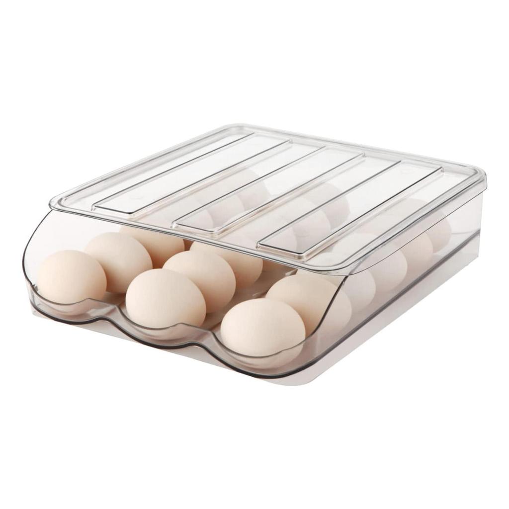 Egg Holder for Fridge,Automatically Rolling Egg Storage Container for Refrigerator Large Capacity Egg Organizer for Fridge with Lid Clear Plastic