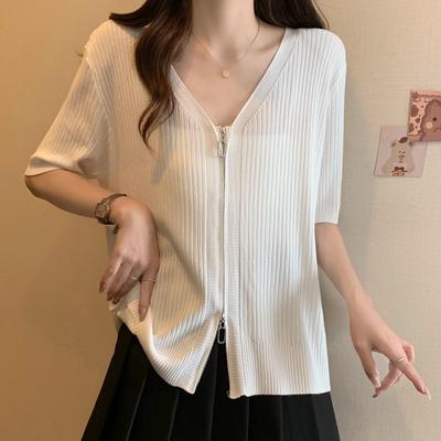 Women Sweaters Cardigans 2025 Summer Short Sleeve V-Neck Black White Knitted Sweater Women Tops Cardigan JJ128