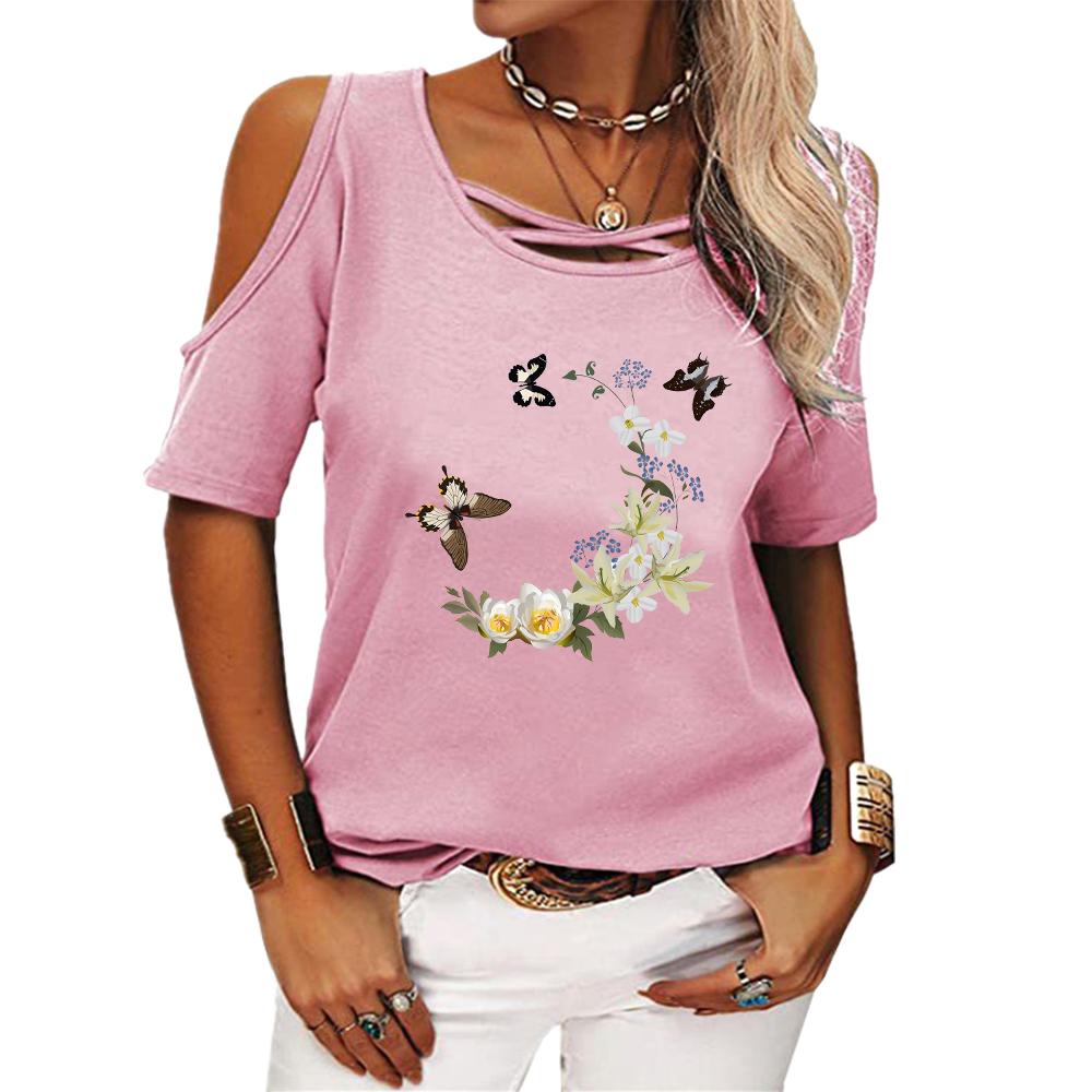 Γυναικεία Μόδα Μπλουζάκι με Στρογγυλή Λαιμόκοψη Καλοκαιρινό Μπλουζάκι με Ανοιχτούς Ώμους και Κοντά Μανίκια Γυναικείο Καθημερινό T-shirt με Φλοράλ Μοτίβο