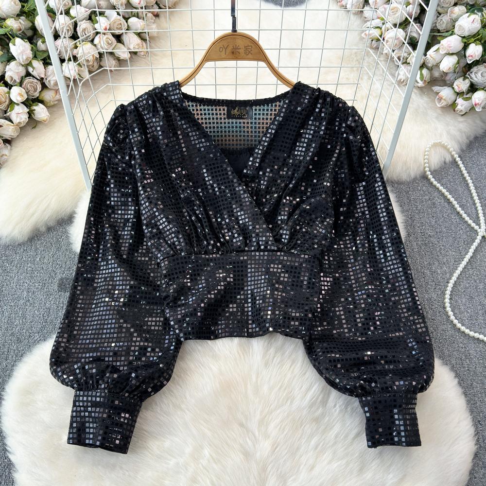 

Весна Осень Модный Элегантный Фонарь Длинные Рукава V-образный вырез Сверкающие Пайетки Футболка Женская Повседневная Корейский Y2k Топ One Size чёрный