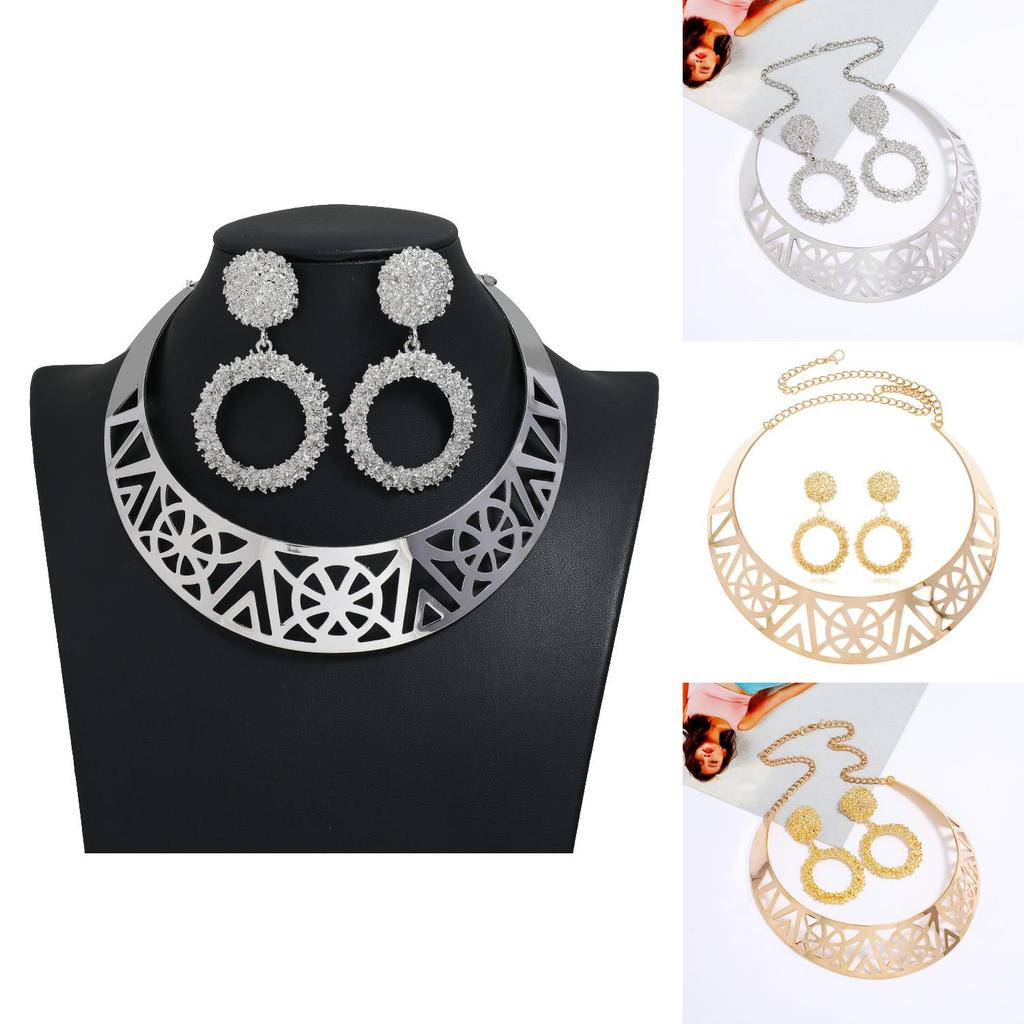 Fashion Solid Color Hollow Design Women Metal Necklace Collar Round Earring Set For Gift And Occasion