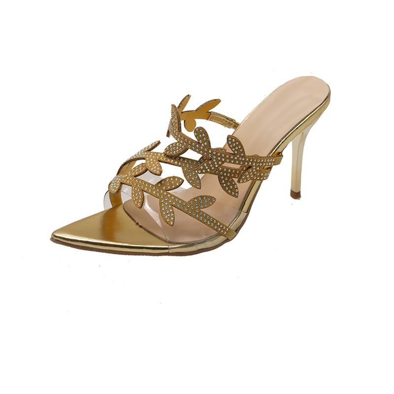 

Fashion Summer New 2025 Golden Branches and Jade Leaves High Heels Black Pointed Tip Sexy French Sandals Open-toed Stiletto Tip 38 золотий