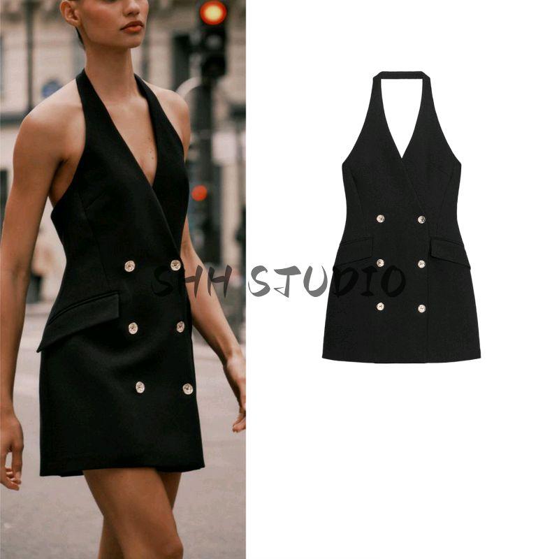 New Fall Women's Clothing Open Back Sexy Double Row Button Hanging Collar Mini Business Suit and Dress 3608536