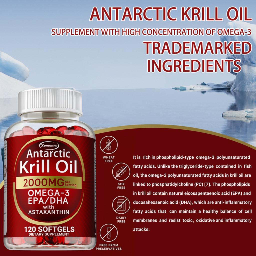 Olio di Krill Antartico 2000 mg con Omega-3 EPA, DHA, Astaxantina e Fosfolipidi, Senza Glutine, Non-OGM